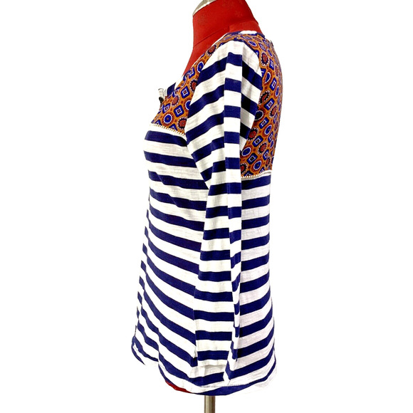 Anthropologie Postage Stamp Shirt Navy Striped Size M Roll Tab Sleeves Boho Chic - Picture 4 of 10